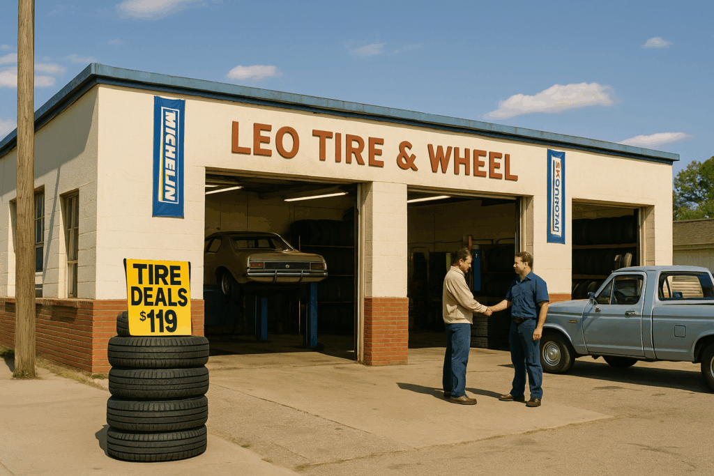 Leo Tire & Wheel storefront with Michelin branding, two men shaking hands in front of a sign advertising tire deals for $119, showcasing a welcoming local tire shop atmosphere.