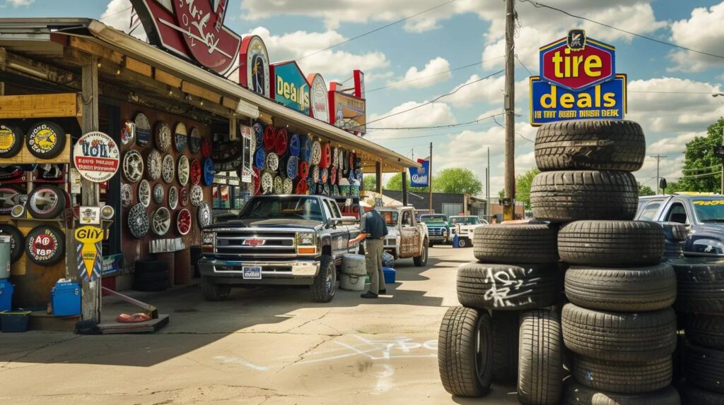 Tire shop exterior featuring stacked tires, vintage vehicles, and colorful signage promoting tire deals, reflecting the services offered by Leo Tire & Wheel.