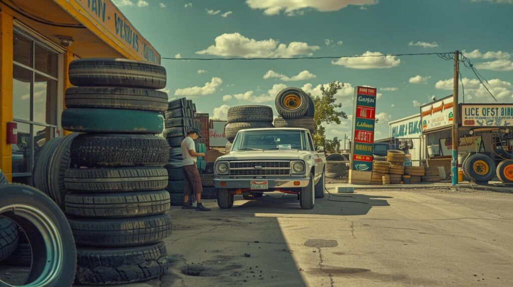 Tire shop exterior with stacked tires, vintage truck, and signage, illustrating tire maintenance and repair services.
