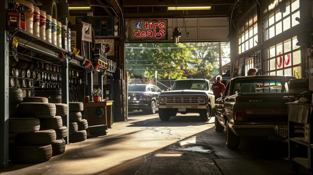 Tire shop interior with vintage vehicles, stacked tires, and a glowing "Tire Deals" sign, reflecting local tire maintenance and service options at Leo Tire & Wheel.