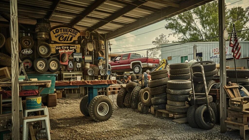 a charming, rugged tire shop named "leo tire and wheel," featuring a mechanic diligently servicing a pickup truck on a lift amidst stacks of tires and branded banners, all set against the backdrop of a worn gravel lot in rural northeast indiana.