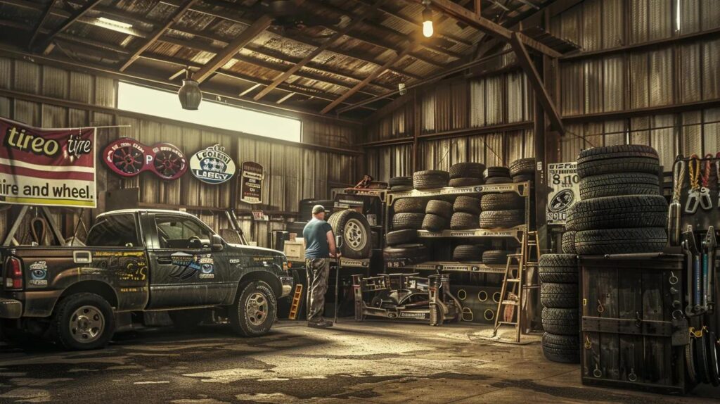 Tire service shop interior with a pickup truck, stacked Michelin tires, and a technician working on tire maintenance, highlighting tire alignment and balancing services in Fort Wayne.