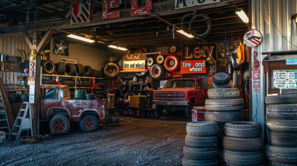 a charming, nostalgic tire shop named “leo tire and wheel” features a mechanic diligently changing tires on a pickup truck on a lift, surrounded by stacks of tires and vintage michelin banners, all set against the rugged backdrop of a gravel lot in rural northeast indiana.