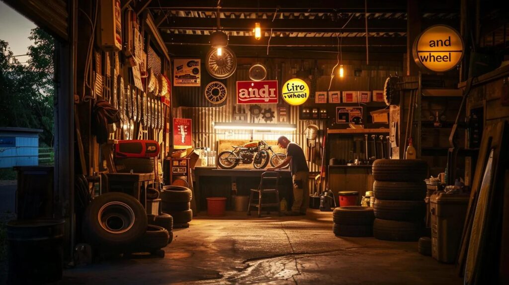 Rustic tire shop interior featuring a mechanic working on a motorcycle, surrounded by Michelin tire displays, tools, and signage for Leo Tire & Wheel.
