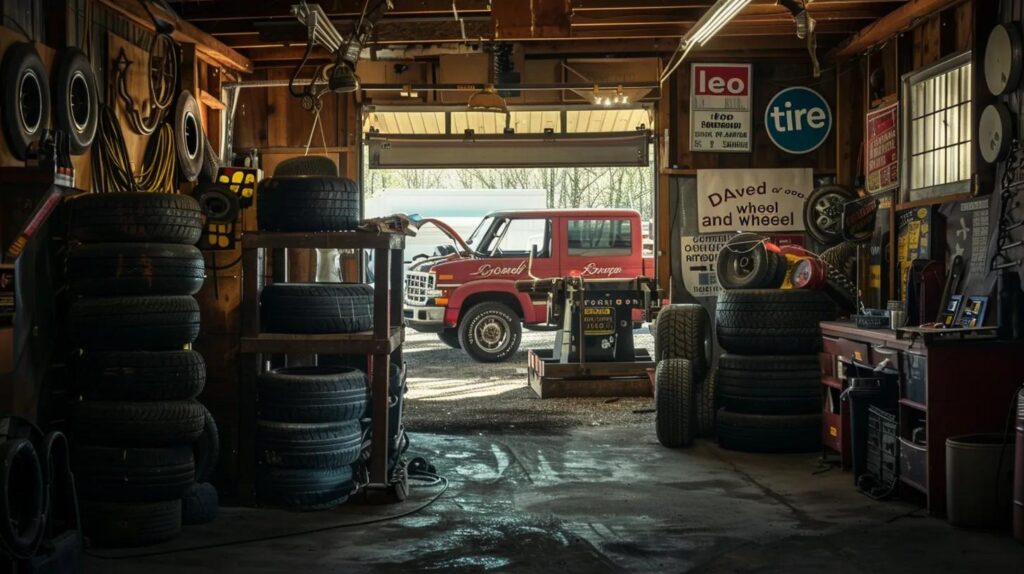 Interior of Leo Tire & Wheel shop featuring stacked tires, service equipment, and signage, illustrating a local tire retailer's focus on Michelin tire services in Fort Wayne.