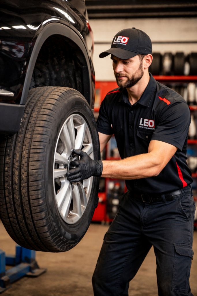leo-tire-mechanic-putting-on-an-affordable-tire - Leo Tire & Wheel An affordable tire being installed by a Leo Tire technician.