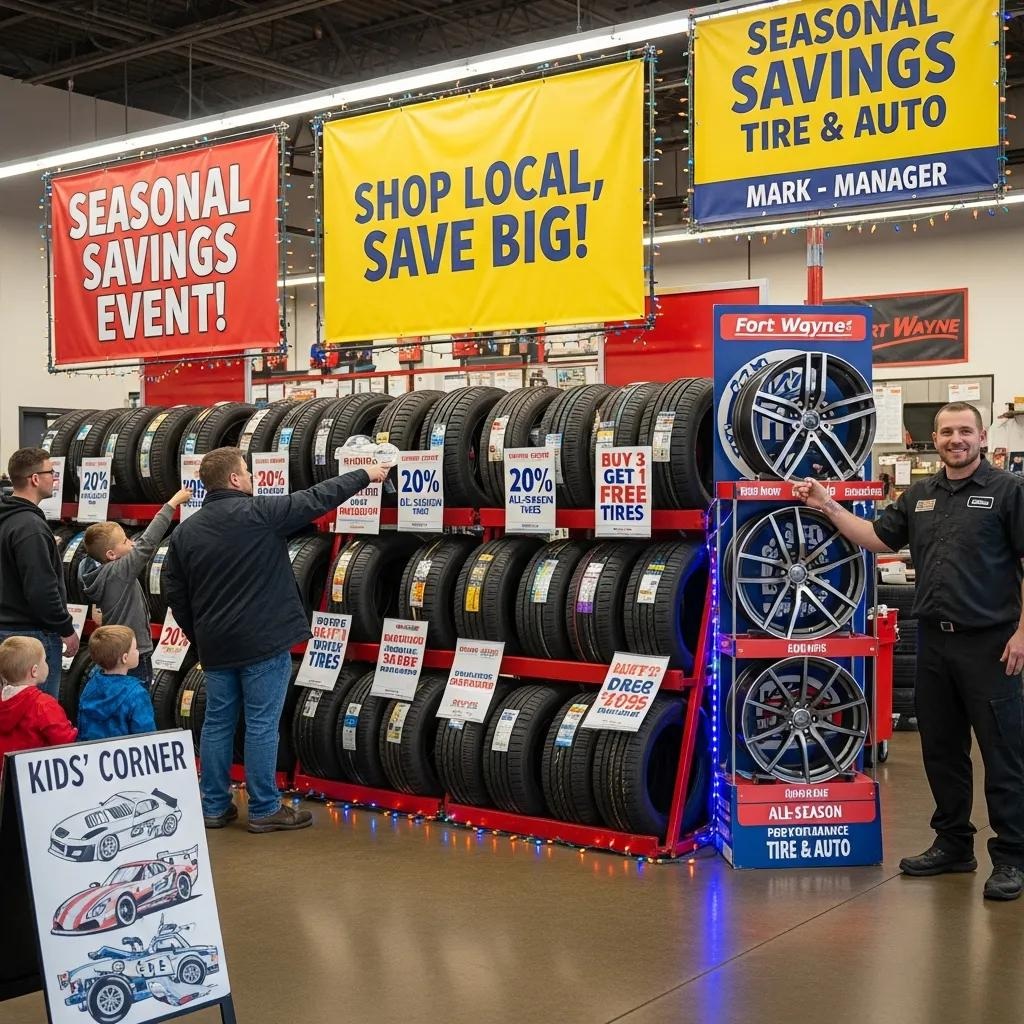 promotional-display-showcasing-seasonal-tire-discounts-at-a-fort-wayne-tire-shop - Leo Tire & Wheel Seasonal tire deals Fort Wayne tire shop promotion display.